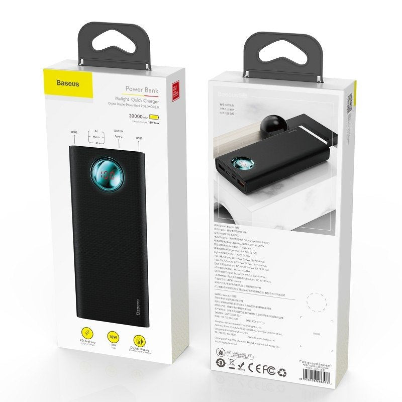 Baseus Amblight Digital Display Quick charge PD3.0+QC3.0 Power Bank 18W 20000mAh Black