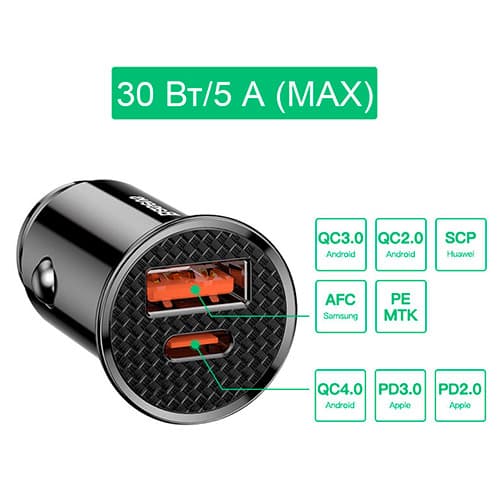 Baseus Circular Plastic A+C 30W PPS Car Charger(PD3.0、QC4.0+ 、SCP 、AFC) Black