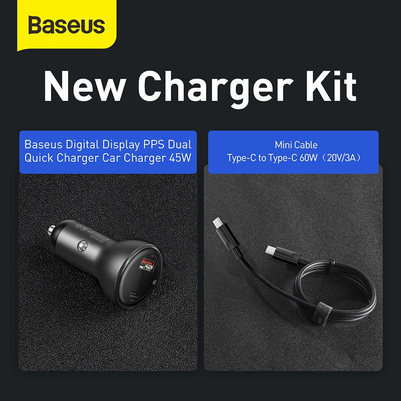 Baseus Digital Display PPS Dual Quick Charger Car Charger 45W With Mini Cable Type-C to Type-C 60W(20V/3A)