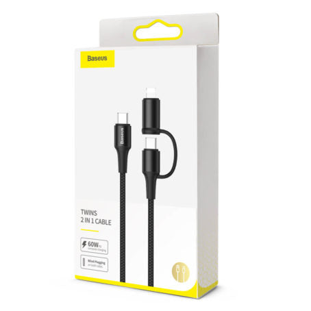 Baseus twins 2 in 1 cable Type-C to Type-C 60W (20V/3A)+Ip 18W(9V/2A)1m (two flash charge )Black
