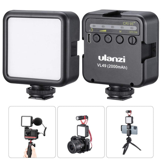 ULANZI VL49 2000mAh LED Video Light w 3 Cold Shoe, Rechargeable Soft Light Panel