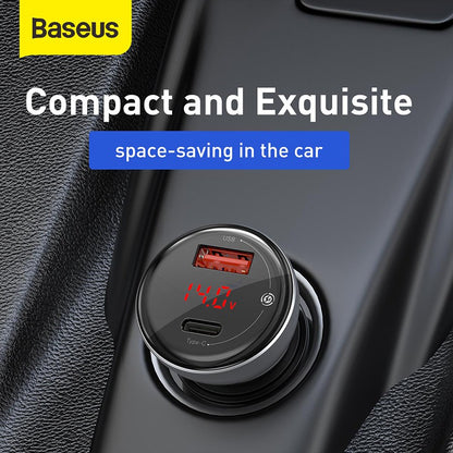 Baseus Digital Display PPS Dual Quick Charger Car Charger 45W With Mini Cable Type-C to Type-C 60W（20V/3A)