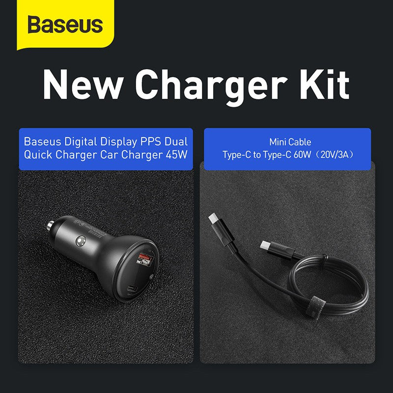 Baseus Digital Display PPS Dual Quick Charger Car Charger 45W With Mini Cable Type-C to Type-C 60W（20V/3A)