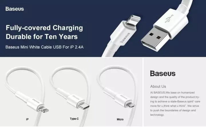 Baseus Mini White Cable USB for iPhone/ Mirco/Type-C
