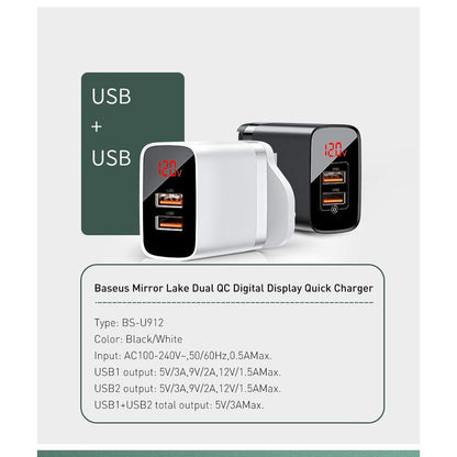 Baseus Mirror Lake Dual QC Digital Display quick Charger A+A 18 W UK Black