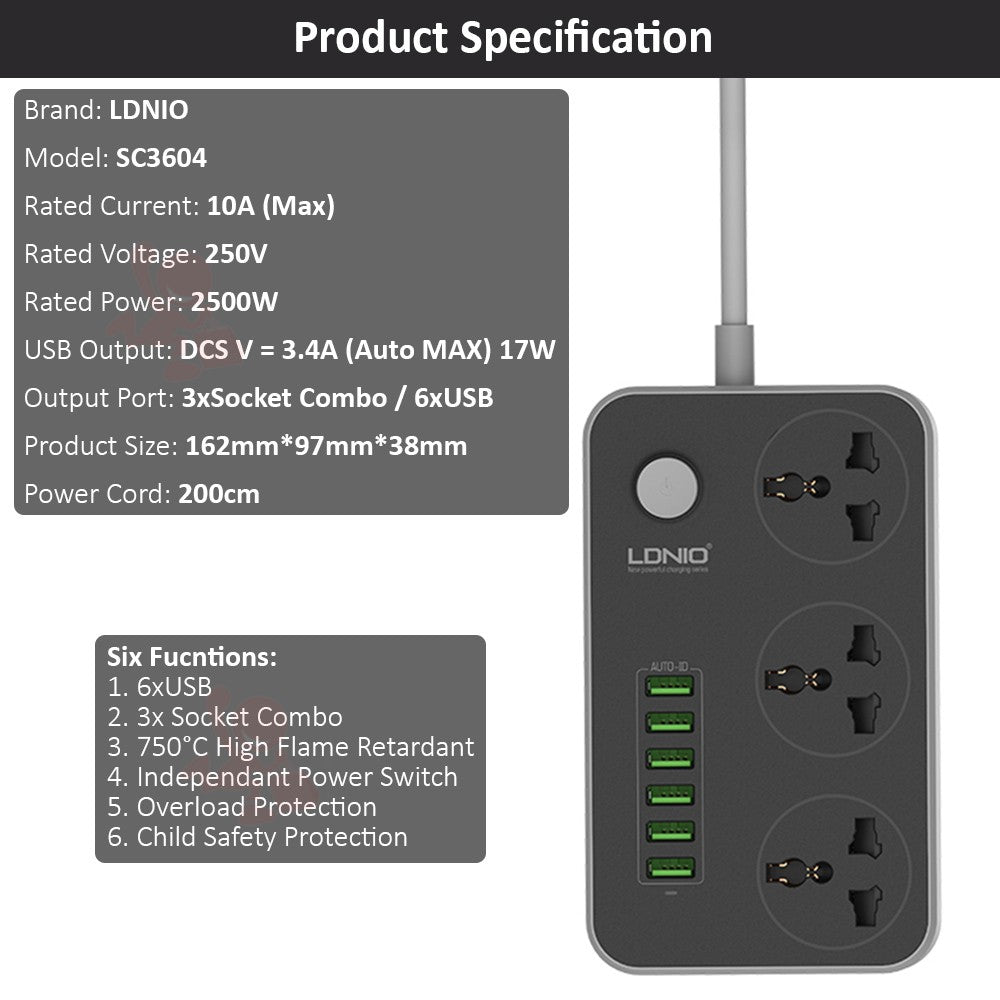 LDNIO SC3604 10A Power Strip 6 USB 3 Universal Socket With Overload Protector Circuit Breaker Switch Outlet Extend