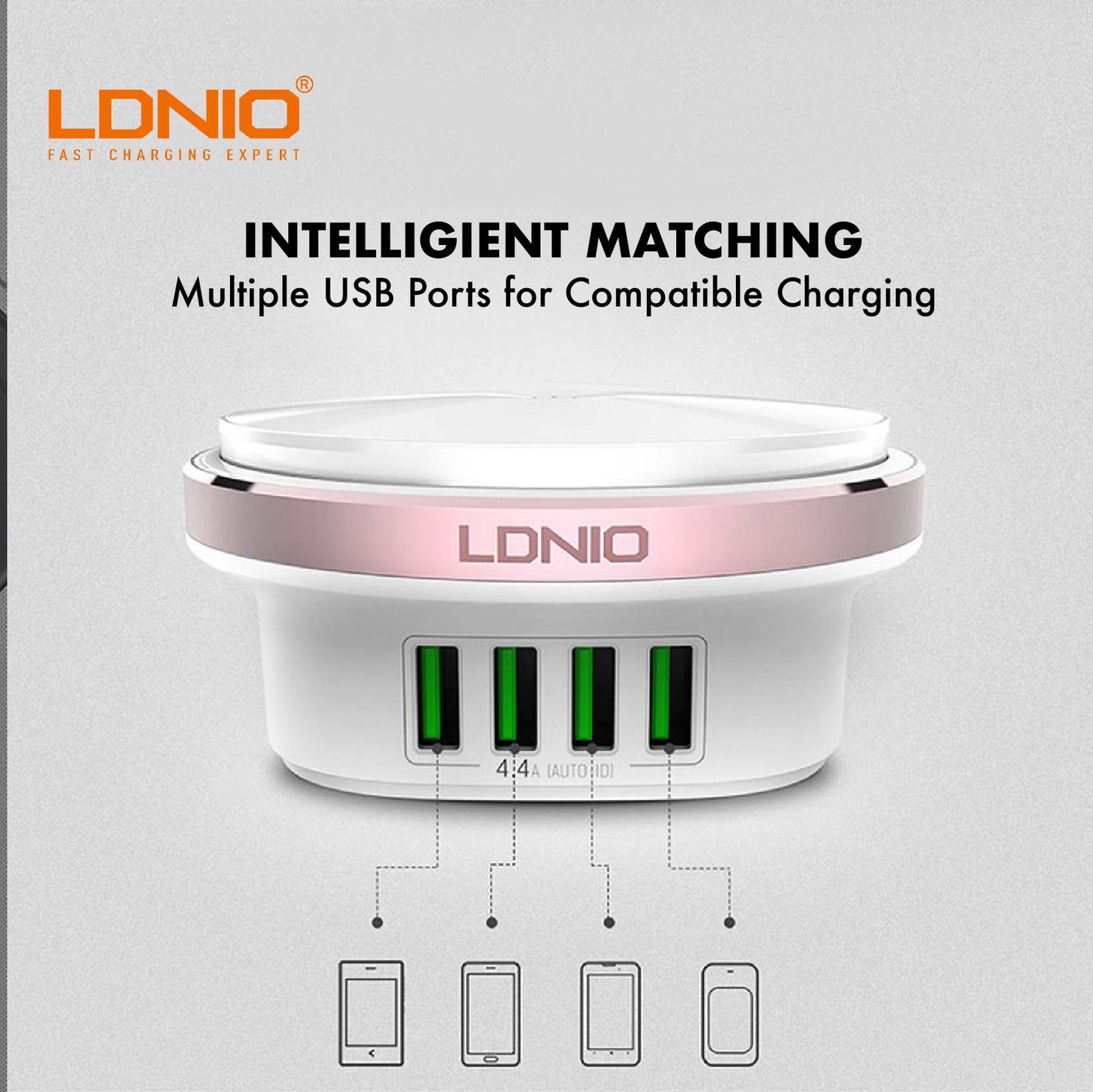 LDNIO A4406 LED Power Press Lamp Auto-ID 4 USB Ports 4.4A Charger For Mobile Phone